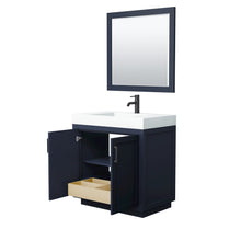 Load image into Gallery viewer, Wyndham Collection Vanity Wyndham Collection WCF292936SBBK4INTM34 Miranda 36 Inch Single Bathroom Vanity in Dark Blue, 4 Inch Thick Matte White Solid Surface Countertop, Integrated Sink, Matte Black Trim, 34 Inch Mirror