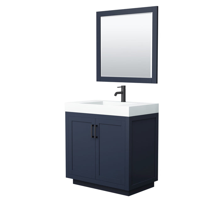 Wyndham Collection Vanity Wyndham Collection WCF292936SBBK4INTM34 Miranda 36 Inch Single Bathroom Vanity in Dark Blue, 4 Inch Thick Matte White Solid Surface Countertop, Integrated Sink, Matte Black Trim, 34 Inch Mirror