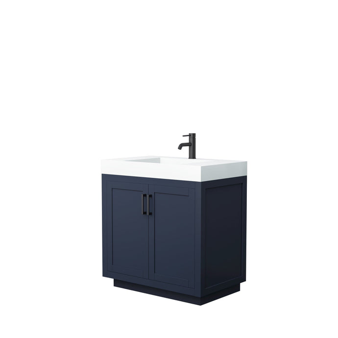 Wyndham Collection Vanity Wyndham Collection WCF292936SBBK4INTMXX Miranda 36 Inch Single Bathroom Vanity in Dark Blue, 4 Inch Thick Matte White Solid Surface Countertop, Integrated Sink, Matte Black Trim