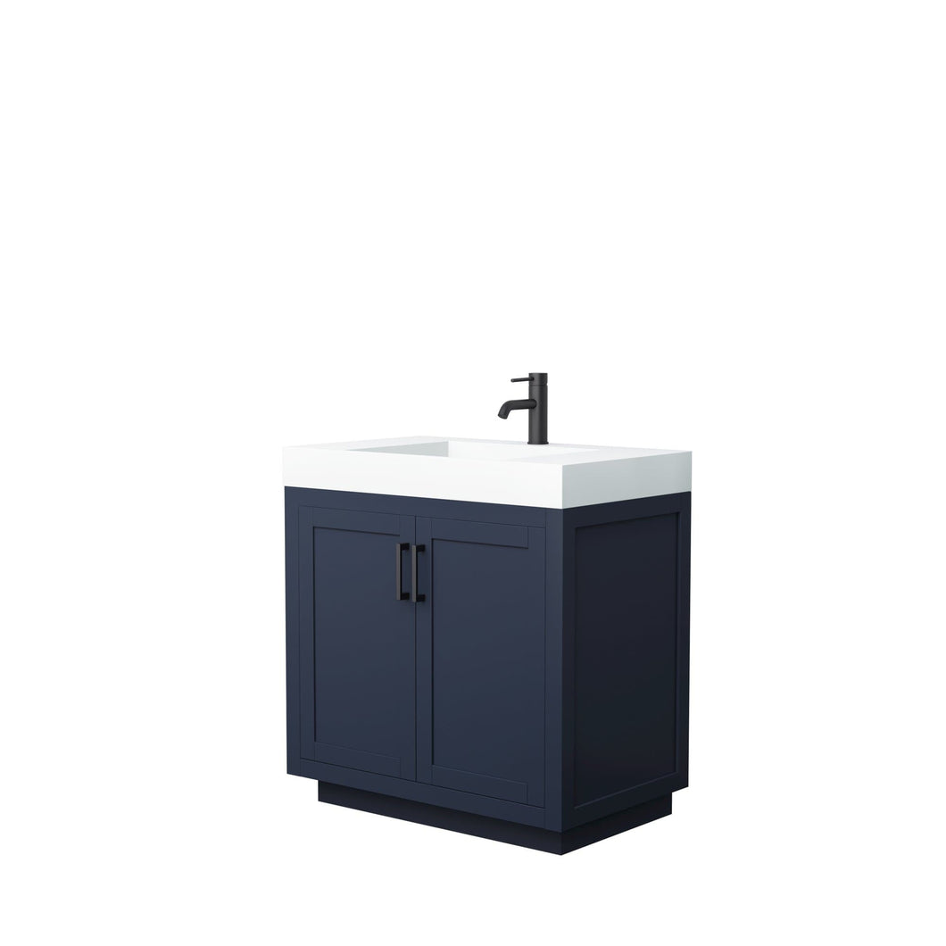 Wyndham Collection Vanity Wyndham Collection WCF292936SBBK4INTMXX Miranda 36 Inch Single Bathroom Vanity in Dark Blue, 4 Inch Thick Matte White Solid Surface Countertop, Integrated Sink, Matte Black Trim