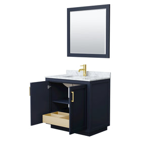 Wyndham Collection Vanity Wyndham Collection WCF292936SBLCMUNSM34 Miranda 36 Inch Single Bathroom Vanity in Dark Blue, White Carrara Marble Countertop, Undermount Square Sink, Brushed Gold Trim, 34 Inch Mirror
