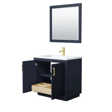 Load image into Gallery viewer, Wyndham Collection Vanity Wyndham Collection WCF292936SBLK1INTM34 Miranda 36 Inch Single Bathroom Vanity in Dark Blue, 1.25 Inch Thick Matte White Solid Surface Countertop, Integrated Sink, Brushed Gold Trim, 34 Inch Mirror