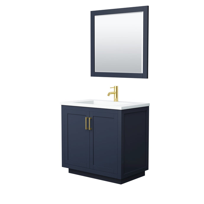 Wyndham Collection Vanity Wyndham Collection WCF292936SBLK1INTM34 Miranda 36 Inch Single Bathroom Vanity in Dark Blue, 1.25 Inch Thick Matte White Solid Surface Countertop, Integrated Sink, Brushed Gold Trim, 34 Inch Mirror