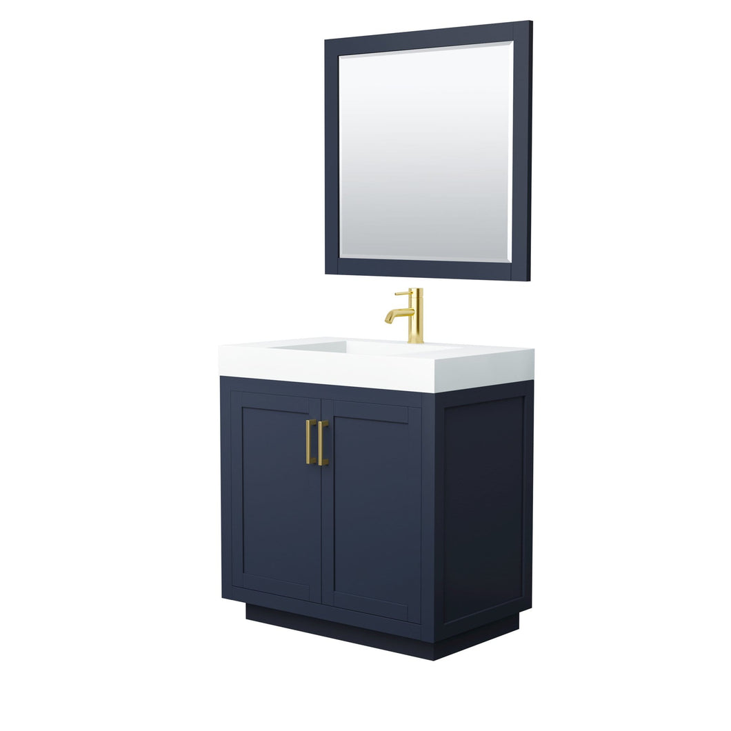 Wyndham Collection Vanity Wyndham Collection WCF292936SBLK4INTM34 Miranda 36 Inch Single Bathroom Vanity in Dark Blue, 4 Inch Thick Matte White Solid Surface Countertop, Integrated Sink, Brushed Gold Trim, 34 Inch Mirror