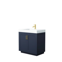 Load image into Gallery viewer, Wyndham Collection Vanity Wyndham Collection WCF292936SBLK4INTMXX Miranda 36 Inch Single Bathroom Vanity in Dark Blue, 4 Inch Thick Matte White Solid Surface Countertop, Integrated Sink, Brushed Gold Trim