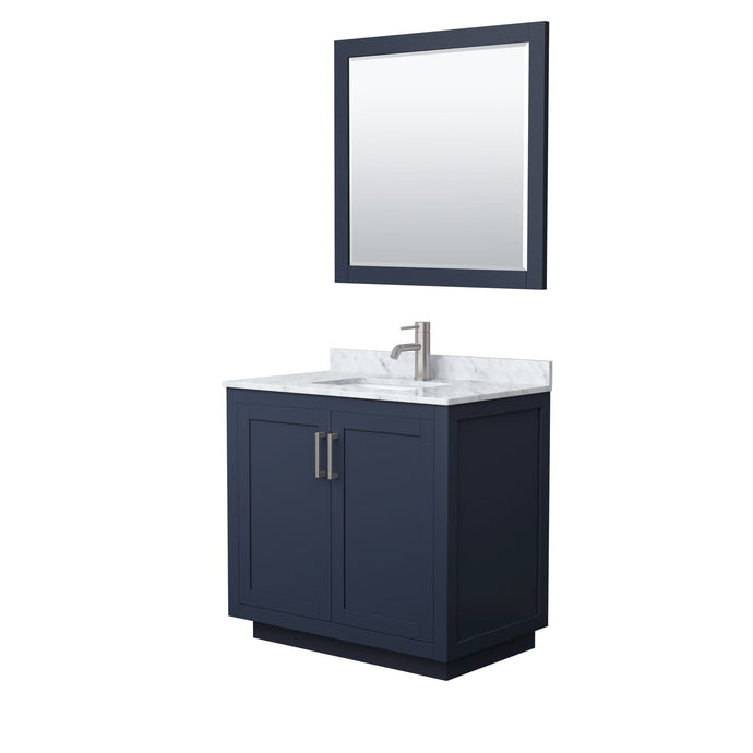 Wyndham Collection Vanity Wyndham Collection WCF292936SBNCMUNSM34 Miranda 36 Inch Single Bathroom Vanity in Dark Blue, White Carrara Marble Countertop, Undermount Square Sink, Brushed Nickel Trim, 34 Inch Mirror