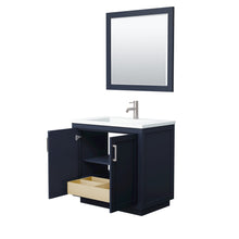 Load image into Gallery viewer, Wyndham Collection Vanity Wyndham Collection WCF292936SBNK1INTM34 Miranda 36 Inch Single Bathroom Vanity in Dark Blue, 1.25 Inch Thick Matte White Solid Surface Countertop, Integrated Sink, Brushed Nickel Trim, 34 Inch Mirror