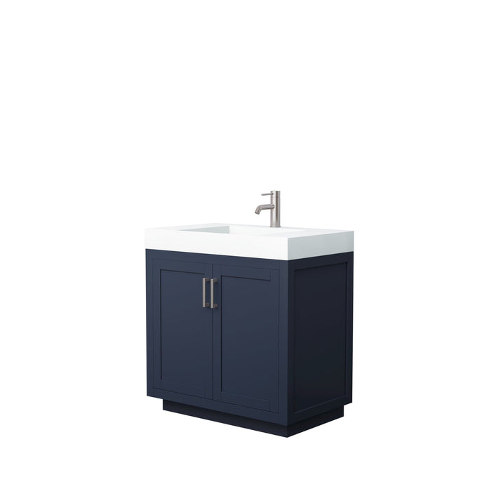 Wyndham Collection Vanity Wyndham Collection WCF292936SBNK4INTMXX Miranda 36 Inch Single Bathroom Vanity in Dark Blue, 4 Inch Thick Matte White Solid Surface Countertop, Integrated Sink, Brushed Nickel Trim