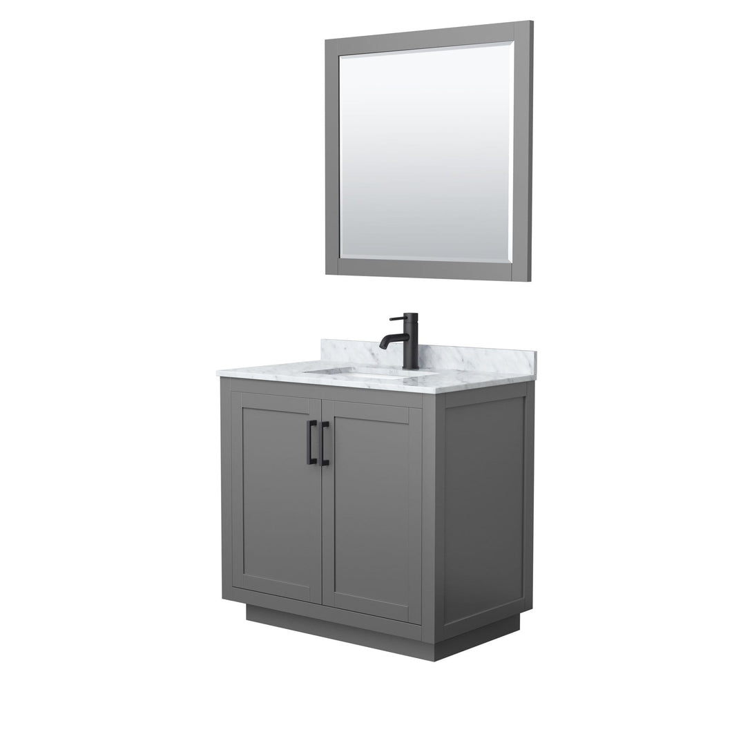 Wyndham Collection Vanity Wyndham Collection WCF292936SGBCMUNSM34 Miranda 36 Inch Single Bathroom Vanity in Dark Gray, White Carrara Marble Countertop, Undermount Square Sink, Matte Black Trim, 34 Inch Mirror