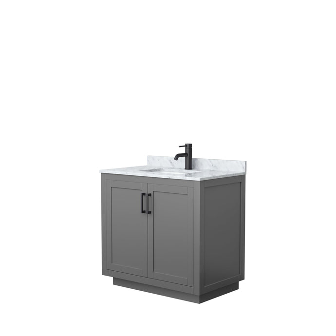 Wyndham Collection Vanity Wyndham Collection WCF292936SGBCMUNSMXX Miranda 36 Inch Single Bathroom Vanity in Dark Gray, White Carrara Marble Countertop, Undermount Square Sink, Matte Black Trim