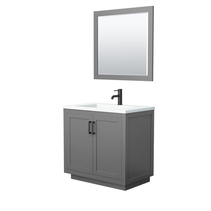 Wyndham Collection Vanity Wyndham Collection WCF292936SGBK1INTM34 Miranda 36 Inch Single Bathroom Vanity in Dark Gray, 1.25 Inch Thick Matte White Solid Surface Countertop, Integrated Sink, Matte Black Trim, 34 Inch Mirror
