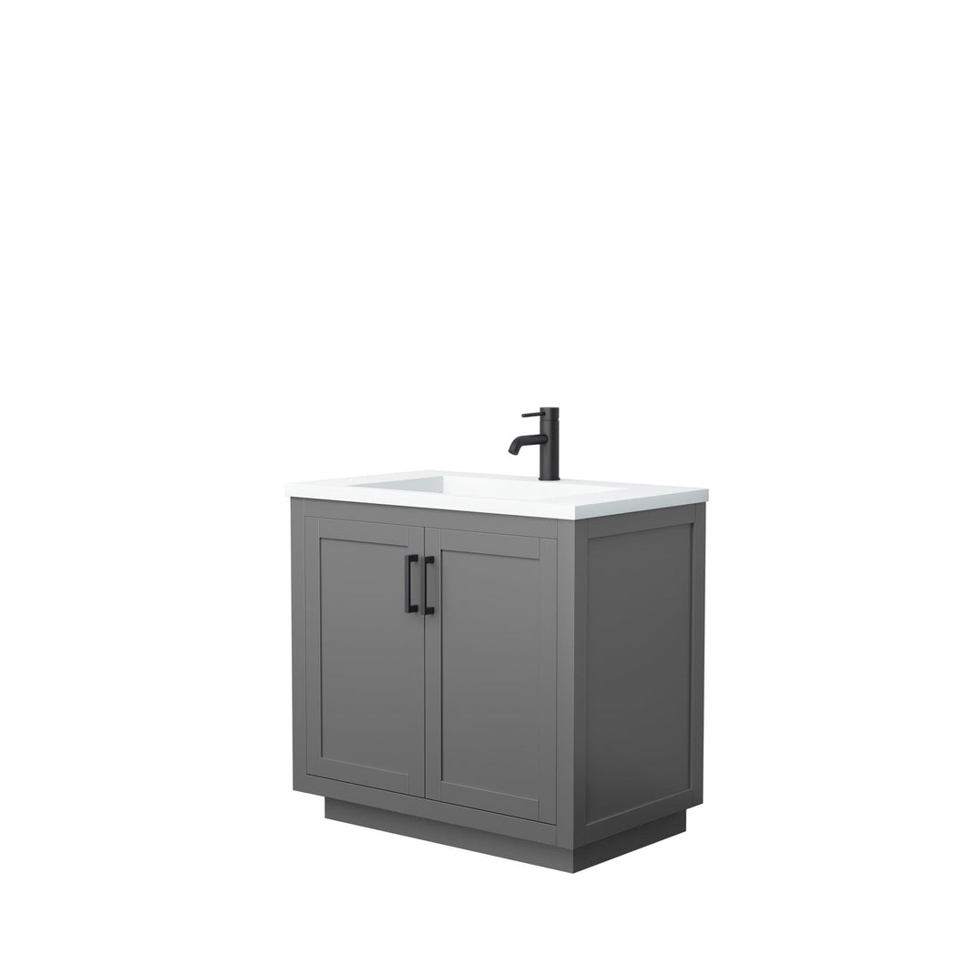Wyndham Collection Vanity Wyndham Collection WCF292936SGBK1INTMXX Miranda 36 Inch Single Bathroom Vanity in Dark Gray, 1.25 Inch Thick Matte White Solid Surface Countertop, Integrated Sink, Matte Black Trim