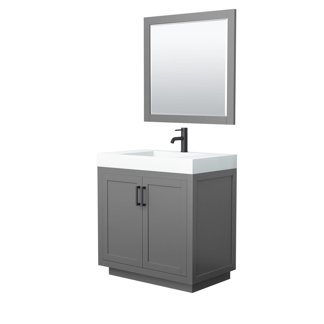 Wyndham Collection Vanity Wyndham Collection WCF292936SGBK4INTM34 Miranda 36 Inch Single Bathroom Vanity in Dark Gray, 4 Inch Thick Matte White Solid Surface Countertop, Integrated Sink, Matte Black Trim, 34 Inch Mirror