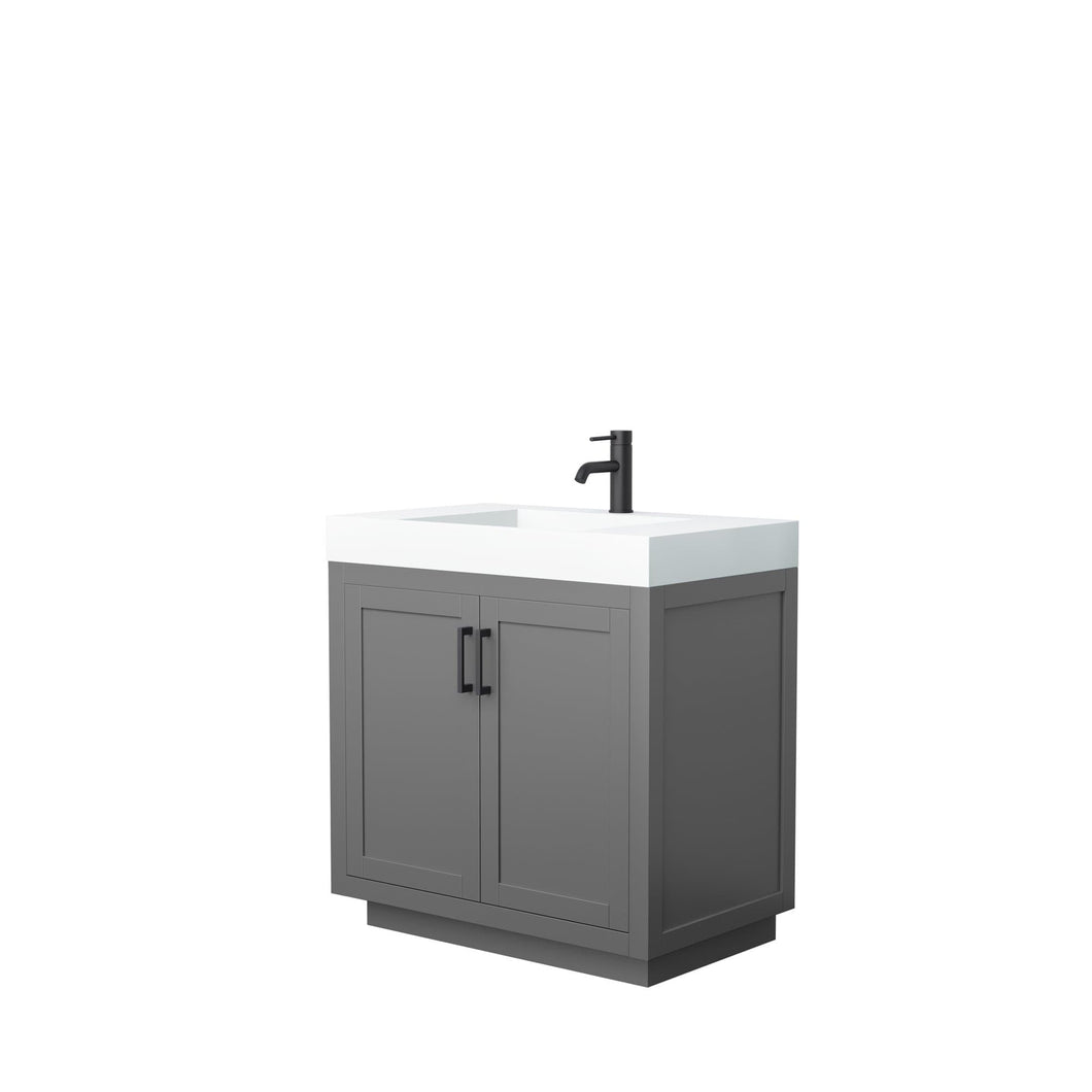 Wyndham Collection Vanity Wyndham Collection WCF292936SGBK4INTMXX Miranda 36 Inch Single Bathroom Vanity in Dark Gray, 4 Inch Thick Matte White Solid Surface Countertop, Integrated Sink, Matte Black Trim