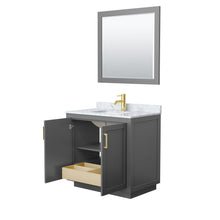 Load image into Gallery viewer, Wyndham Collection Vanity Wyndham Collection WCF292936SGGCMUNSM34 Miranda 36 Inch Single Bathroom Vanity in Dark Gray, White Carrara Marble Countertop, Undermount Square Sink, Brushed Gold Trim, 34 Inch Mirror