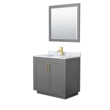 Load image into Gallery viewer, Wyndham Collection Vanity Wyndham Collection WCF292936SGGCMUNSM34 Miranda 36 Inch Single Bathroom Vanity in Dark Gray, White Carrara Marble Countertop, Undermount Square Sink, Brushed Gold Trim, 34 Inch Mirror