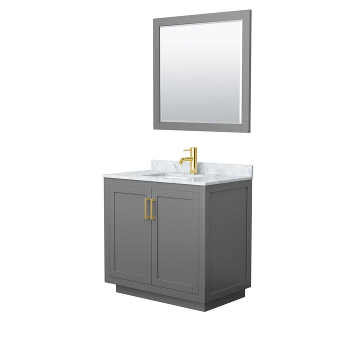 Wyndham Collection Vanity Wyndham Collection WCF292936SGGCMUNSM34 Miranda 36 Inch Single Bathroom Vanity in Dark Gray, White Carrara Marble Countertop, Undermount Square Sink, Brushed Gold Trim, 34 Inch Mirror