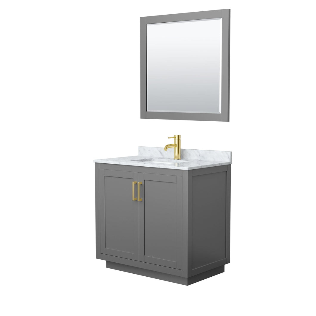 Wyndham Collection Vanity Wyndham Collection WCF292936SGGCMUNSM34 Miranda 36 Inch Single Bathroom Vanity in Dark Gray, White Carrara Marble Countertop, Undermount Square Sink, Brushed Gold Trim, 34 Inch Mirror