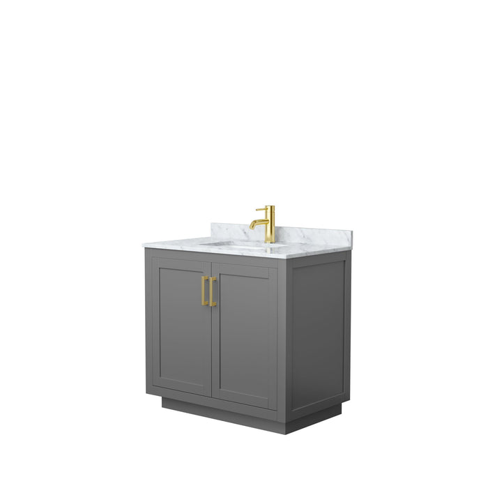 Wyndham Collection Vanity Wyndham Collection WCF292936SGGCMUNSMXX Miranda 36 Inch Single Bathroom Vanity in Dark Gray, White Carrara Marble Countertop, Undermount Square Sink, Brushed Gold Trim