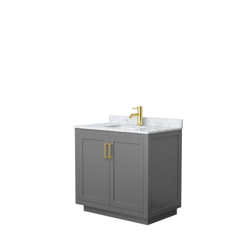 Wyndham Collection Vanity Wyndham Collection WCF292936SGGCMUNSMXX Miranda 36 Inch Single Bathroom Vanity in Dark Gray, White Carrara Marble Countertop, Undermount Square Sink, Brushed Gold Trim