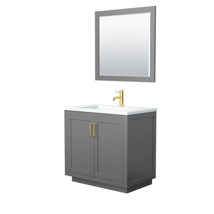 Wyndham Collection Vanity Wyndham Collection WCF292936SGGK1INTM34 Miranda 36 Inch Single Bathroom Vanity in Dark Gray, 1.25 Inch Thick Matte White Solid Surface Countertop, Integrated Sink, Brushed Gold Trim, 34 Inch Mirror