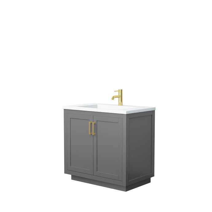Wyndham Collection Vanity Wyndham Collection WCF292936SGGK1INTMXX Miranda 36 Inch Single Bathroom Vanity in Dark Gray, 1.25 Inch Thick Matte White Solid Surface Countertop, Integrated Sink, Brushed Gold Trim
