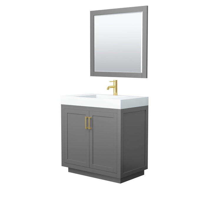Wyndham Collection Vanity Wyndham Collection WCF292936SGGK4INTM34 Miranda 36 Inch Single Bathroom Vanity in Dark Gray, 4 Inch Thick Matte White Solid Surface Countertop, Integrated Sink, Brushed Gold Trim, 34 Inch Mirror