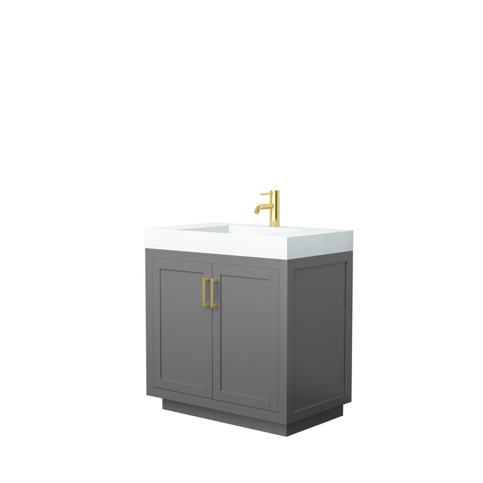 Wyndham Collection Vanity Wyndham Collection WCF292936SGGK4INTMXX Miranda 36 Inch Single Bathroom Vanity in Dark Gray, 4 Inch Thick Matte White Solid Surface Countertop, Integrated Sink, Brushed Gold Trim