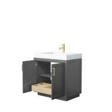 Load image into Gallery viewer, Wyndham Collection Vanity Wyndham Collection WCF292936SGGK4INTMXX Miranda 36 Inch Single Bathroom Vanity in Dark Gray, 4 Inch Thick Matte White Solid Surface Countertop, Integrated Sink, Brushed Gold Trim