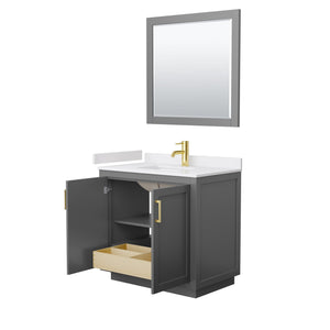 Wyndham Collection Vanity Wyndham Collection WCF292936SGGWCUNSM34 Miranda 36 Inch Single Bathroom Vanity in Dark Gray, White Cultured Marble Countertop, Undermount Square Sink, Brushed Gold Trim, 34 Inch Mirror