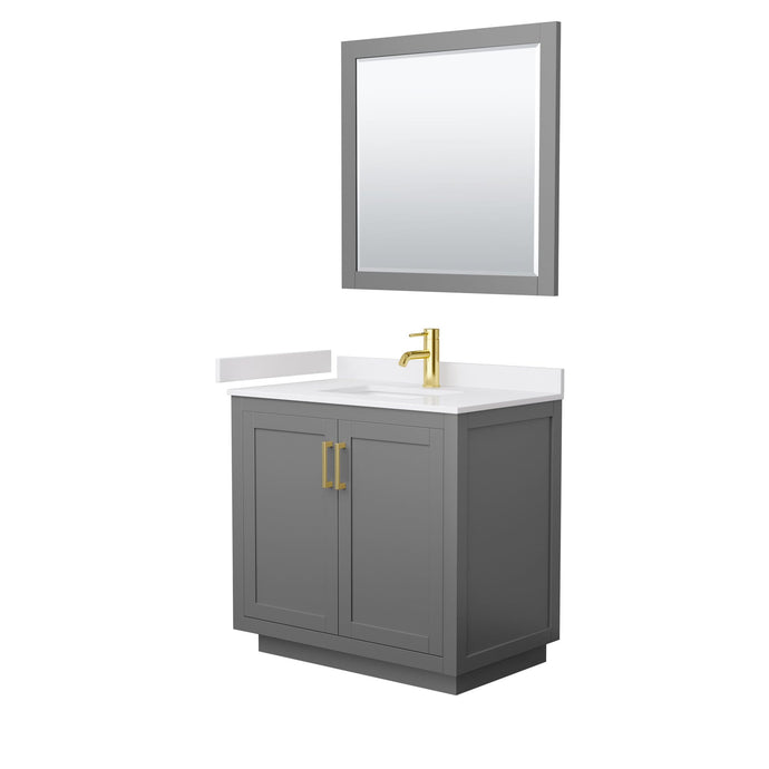 Wyndham Collection Vanity Wyndham Collection WCF292936SGGWCUNSM34 Miranda 36 Inch Single Bathroom Vanity in Dark Gray, White Cultured Marble Countertop, Undermount Square Sink, Brushed Gold Trim, 34 Inch Mirror