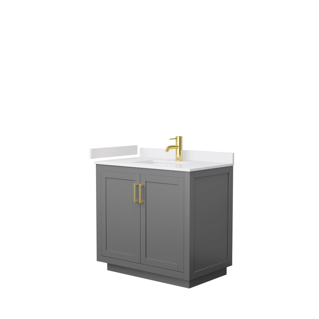 Wyndham Collection Vanity Wyndham Collection WCF292936SGGWCUNSMXX Miranda 36 Inch Single Bathroom Vanity in Dark Gray, White Cultured Marble Countertop, Undermount Square Sink, Brushed Gold Trim
