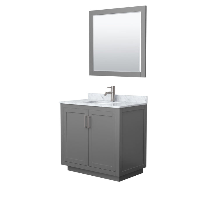Wyndham Collection Vanity Wyndham Collection WCF292936SKGCMUNSM34 Miranda 36 Inch Single Bathroom Vanity in Dark Gray, White Carrara Marble Countertop, Undermount Square Sink, Brushed Nickel Trim, 34 Inch Mirror