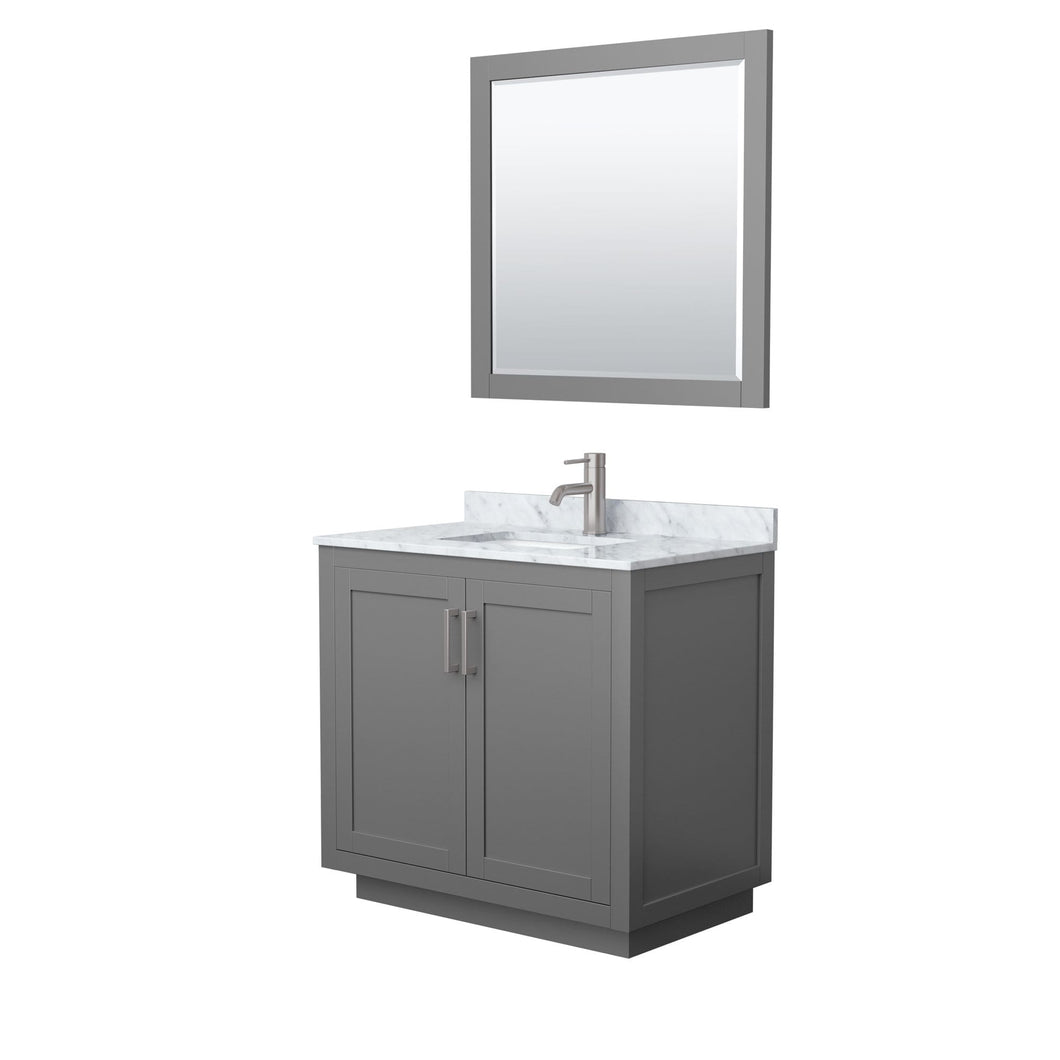 Wyndham Collection Vanity Wyndham Collection WCF292936SKGCMUNSM34 Miranda 36 Inch Single Bathroom Vanity in Dark Gray, White Carrara Marble Countertop, Undermount Square Sink, Brushed Nickel Trim, 34 Inch Mirror