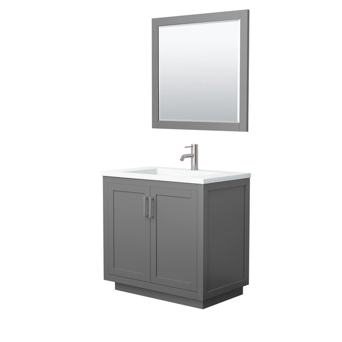 Wyndham Collection Vanity Wyndham Collection WCF292936SKGK1INTM34 Miranda 36 Inch Single Bathroom Vanity in Dark Gray, 1.25 Inch Thick Matte White Solid Surface Countertop, Integrated Sink, Brushed Nickel Trim, 34 Inch Mirror