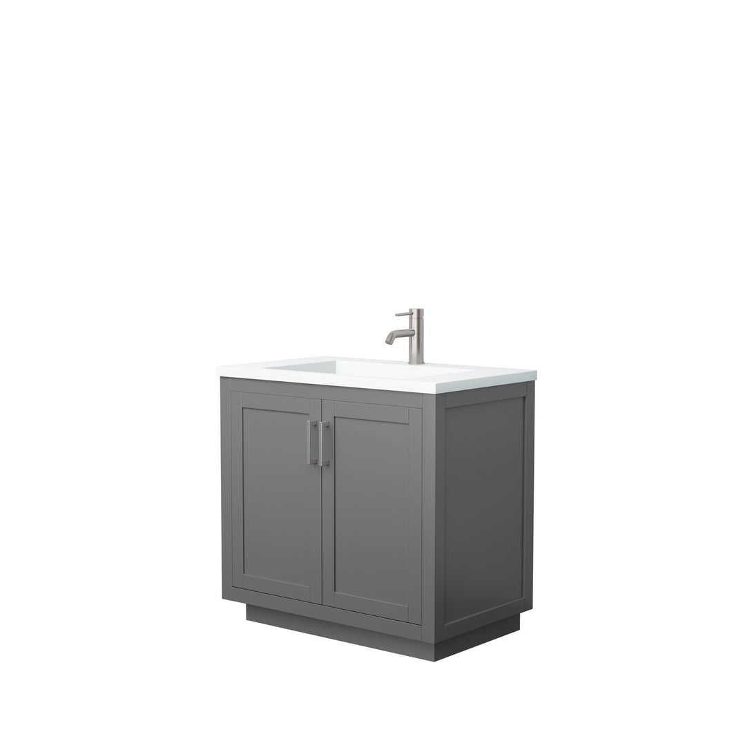 Wyndham Collection Vanity Wyndham Collection WCF292936SKGK1INTMXX Miranda 36 Inch Single Bathroom Vanity in Dark Gray, 1.25 Inch Thick Matte White Solid Surface Countertop, Integrated Sink, Brushed Nickel Trim