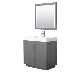 Wyndham Collection Vanity Wyndham Collection WCF292936SKGK4INTM34 Miranda 36 Inch Single Bathroom Vanity in Dark Gray, 4 Inch Thick Matte White Solid Surface Countertop, Integrated Sink, Brushed Nickel Trim, 34 Inch Mirror