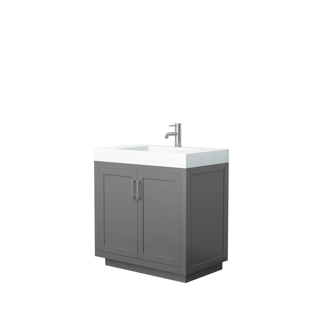 Wyndham Collection Vanity Wyndham Collection WCF292936SKGK4INTMXX Miranda 36 Inch Single Bathroom Vanity in Dark Gray, 4 Inch Thick Matte White Solid Surface Countertop, Integrated Sink, Brushed Nickel Trim
