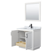 Load image into Gallery viewer, Wyndham Collection Vanity Wyndham Collection WCF292936SWBCMUNSM34 Miranda 36 Inch Single Bathroom Vanity in White, White Carrara Marble Countertop, Undermount Square Sink, Matte Black Trim, 34 Inch Mirror