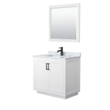 Load image into Gallery viewer, Wyndham Collection Vanity Wyndham Collection WCF292936SWBCMUNSM34 Miranda 36 Inch Single Bathroom Vanity in White, White Carrara Marble Countertop, Undermount Square Sink, Matte Black Trim, 34 Inch Mirror