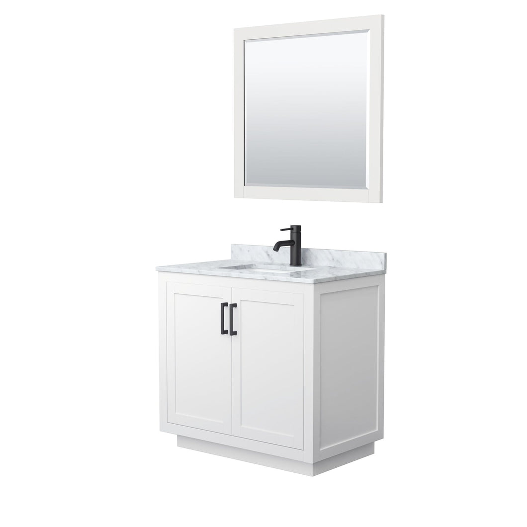 Wyndham Collection Vanity Wyndham Collection WCF292936SWBCMUNSM34 Miranda 36 Inch Single Bathroom Vanity in White, White Carrara Marble Countertop, Undermount Square Sink, Matte Black Trim, 34 Inch Mirror