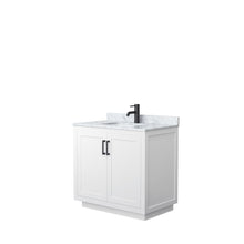 Load image into Gallery viewer, Wyndham Collection Vanity Wyndham Collection WCF292936SWBCMUNSMXX Miranda 36 Inch Single Bathroom Vanity in White, White Carrara Marble Countertop, Undermount Square Sink, Matte Black Trim