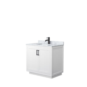 Wyndham Collection Vanity Wyndham Collection WCF292936SWBCMUNSMXX Miranda 36 Inch Single Bathroom Vanity in White, White Carrara Marble Countertop, Undermount Square Sink, Matte Black Trim