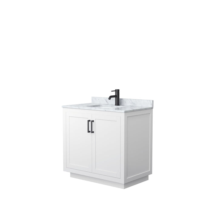 Wyndham Collection Vanity Wyndham Collection WCF292936SWBCMUNSMXX Miranda 36 Inch Single Bathroom Vanity in White, White Carrara Marble Countertop, Undermount Square Sink, Matte Black Trim