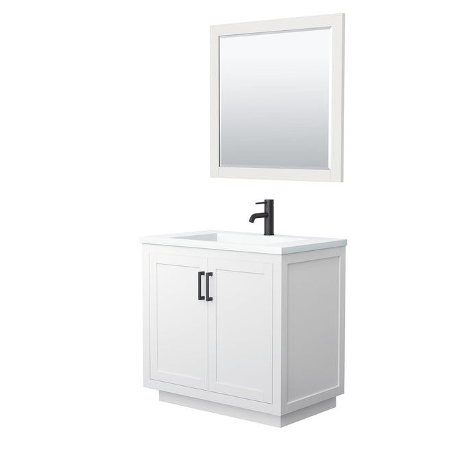 Wyndham Collection Vanity Wyndham Collection WCF292936SWBK1INTM34 Miranda 36 Inch Single Bathroom Vanity in White, 1.25 Inch Thick Matte White Solid Surface Countertop, Integrated Sink, Matte Black Trim, 34 Inch Mirror
