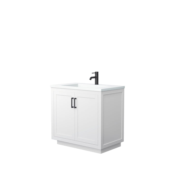 Wyndham Collection Vanity Wyndham Collection WCF292936SWBK1INTMXX Miranda 36 Inch Single Bathroom Vanity in White, 1.25 Inch Thick Matte White Solid Surface Countertop, Integrated Sink, Matte Black Trim