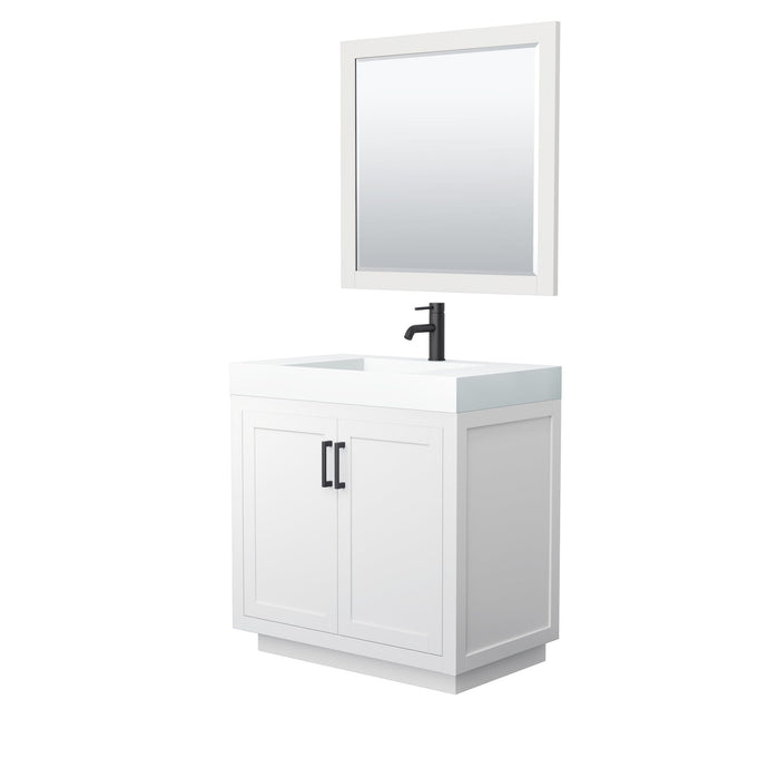 Wyndham Collection Vanity Wyndham Collection WCF292936SWBK4INTM34 Miranda 36 Inch Single Bathroom Vanity in White, 4 Inch Thick Matte White Solid Surface Countertop, Integrated Sink, Matte Black Trim, 34 Inch Mirror