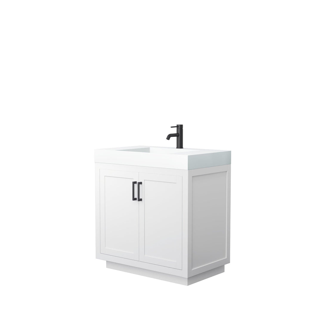 Wyndham Collection Vanity Wyndham Collection WCF292936SWBK4INTMXX Miranda 36 Inch Single Bathroom Vanity in White, 4 Inch Thick Matte White Solid Surface Countertop, Integrated Sink, Matte Black Trim