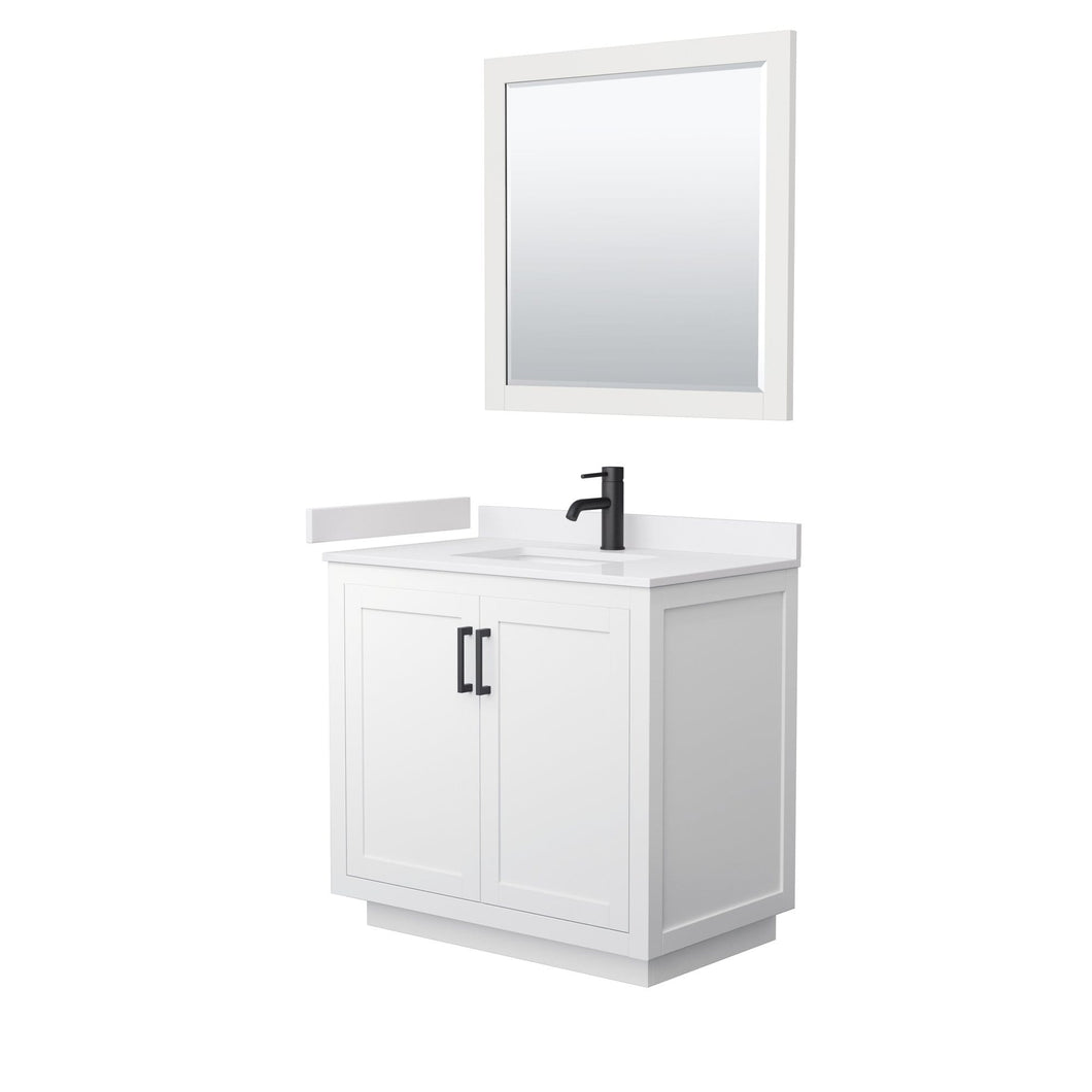 Wyndham Collection Vanity Wyndham Collection WCF292936SWBWCUNSM34 Miranda 36 Inch Single Bathroom Vanity in White, White Cultured Marble Countertop, Undermount Square Sink, Matte Black Trim, 34 Inch Mirror