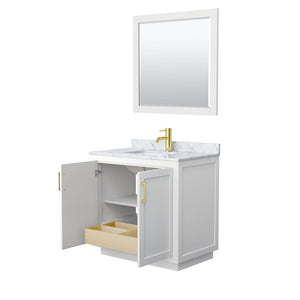 Wyndham Collection Vanity Wyndham Collection WCF292936SWGCMUNSM34 Miranda 36 Inch Single Bathroom Vanity in White, White Carrara Marble Countertop, Undermount Square Sink, Brushed Gold Trim, 34 Inch Mirror
